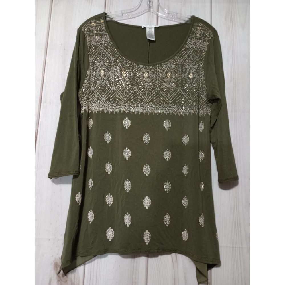 Rebecca Malone Olive Green Sequin Embellished Tunic Top Sharkbite Hem Small